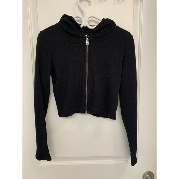 Hollister Waffle Knit Hoodie Women’s Medium Black Cropped Thermal - Picture 1 of 7